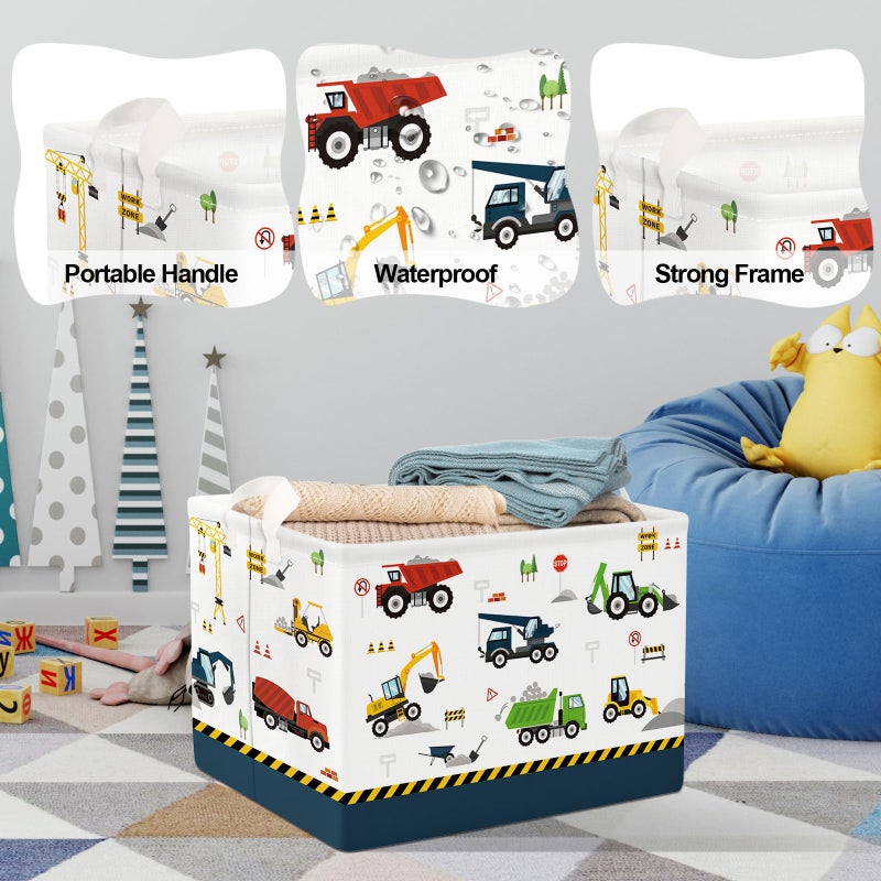 Clastyle Cartoon Construction Truck Shelf Basket Nursery Boy Room Car Decor Gift Basket Rectangle Bulldozer Excavator Basket Blue Clothes Books Toy Storage Cube - Image 4
