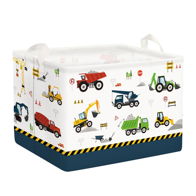 Clastyle Cartoon Construction Truck Shelf Basket Nursery Boy Room Car Decor Gift Basket Rectangle Bulldozer Excavator Basket Blue Clothes Books Toy Storage Cube - Image 1