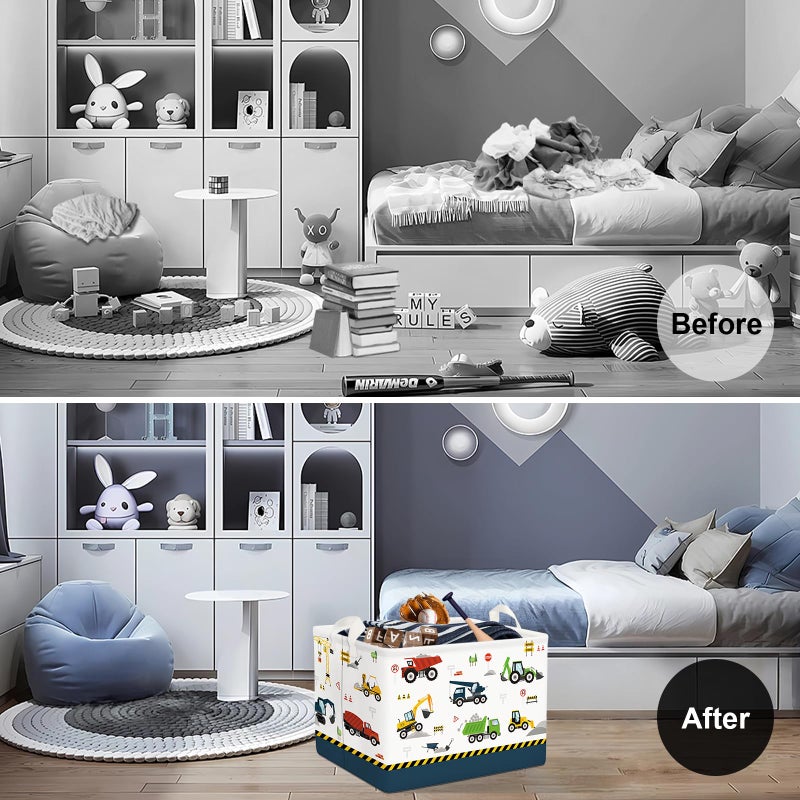 Clastyle Cartoon Construction Truck Shelf Basket Nursery Boy Room Car Decor Gift Basket Rectangle Bulldozer Excavator Basket Blue Clothes Books Toy Storage Cube - Image 2