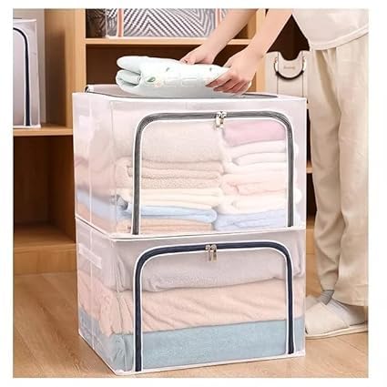 KACHKIT KACHKIT 66 Litres Storage Bins With Lids Steel Frame Storage Box Transparent Storage Box Quilt Storage Box Folding Wardrobe PVC or Nylon Fabric Extra Large Storage Bag  - Image 3