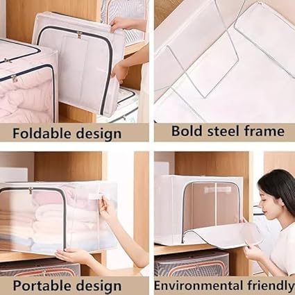 KACHKIT KACHKIT 66 Litres Storage Bins With Lids Steel Frame Storage Box Transparent Storage Box Quilt Storage Box Folding Wardrobe PVC or Nylon Fabric Extra Large Storage Bag  - Image 5