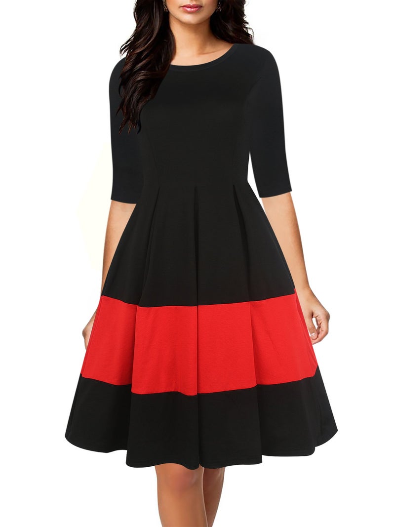 oxiuly Women's Vintage Half Sleeve O-Neck Contrast Casual Pockets Party Swing Dress OX253 (Black, L) - Image 1