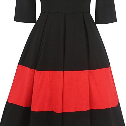 oxiuly Women's Vintage Half Sleeve O-Neck Contrast Casual Pockets Party Swing Dress OX253 (Black, L) - Image 5
