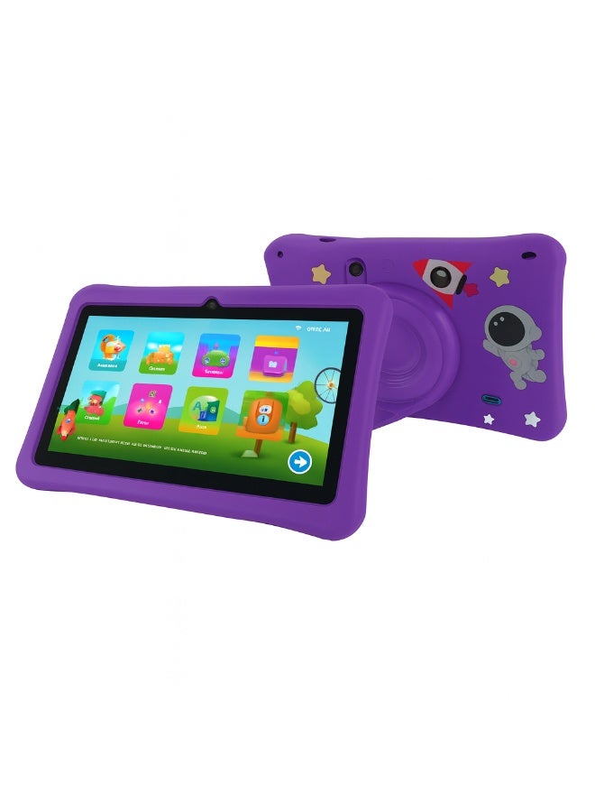 K3 Kids Tablet 7-Inch HD Display| 4GB RAM + 128GB ROM | Android 13 | Dual Camera (2MP + 5MP) | 5G WiFi | EVA Protective Case with Free Lanyard, Bracelet And Stickers - Purple