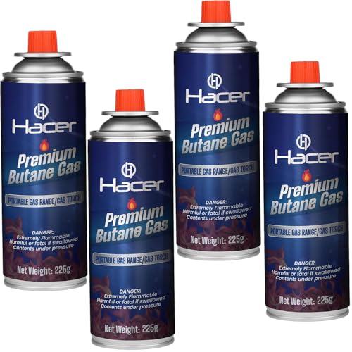 Hacer 4 x 225g Pure Butane Gas Cartridges for Camping Stove, Portable High Pressure Refill Fuel for Welding Torch, Fogging Machine & Lighters, Non-Freeze Canisters (Pack of 4) - Image 1
