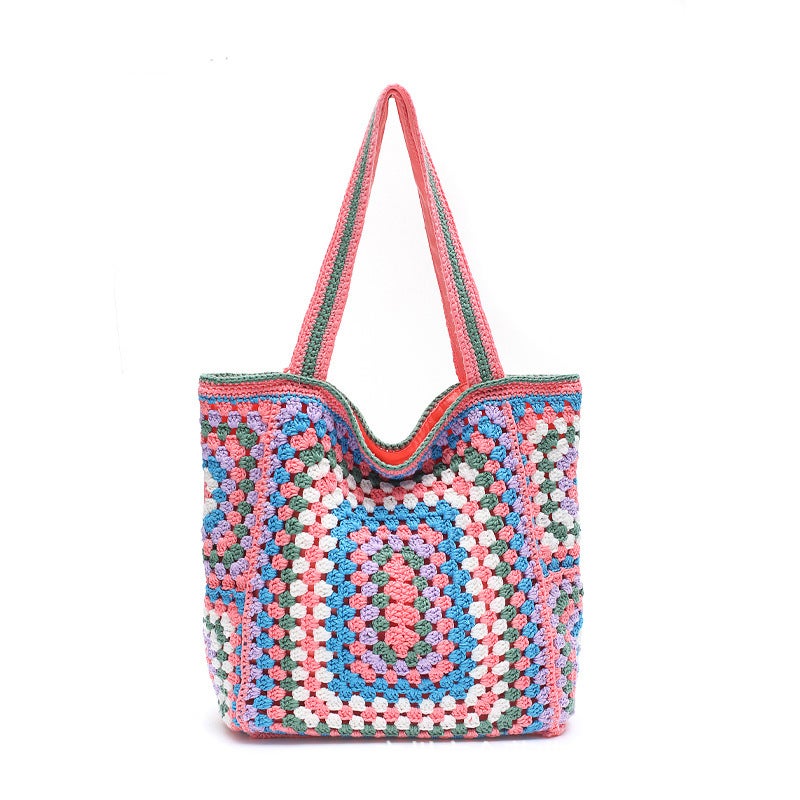 Vintage Large Tote Bag Womens Knit Shoulder Pink 