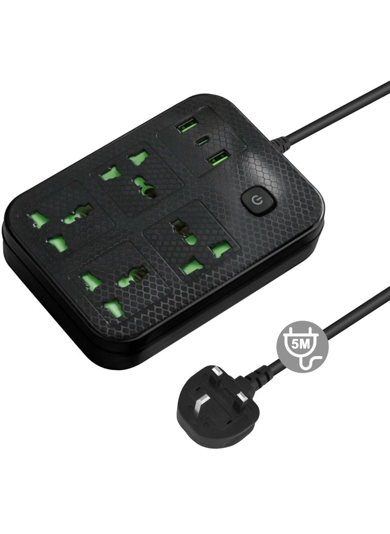 نكومي مقبس سلك طاقة عالمي موسع مع 4 مقابس طاقة وفتحتي USB و2 من النوع C بطول 5 أمتار-أسود  - Image 1