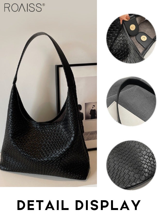 roaiss Women's PU Leather Woven Texture Tote Bag, Casual Versatile Retro Fashion Large Capacity Commuting Hobo, Inner Matte and Scratch Resistant Fashion Handbag, Black - Image 5