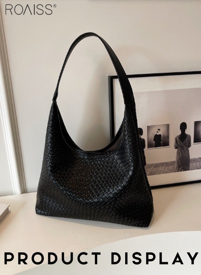 roaiss Women's PU Leather Woven Texture Tote Bag, Casual Versatile Retro Fashion Large Capacity Commuting Hobo, Inner Matte and Scratch Resistant Fashion Handbag, Black - Image 2