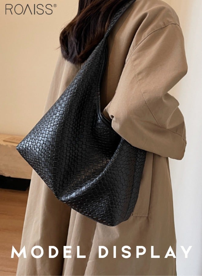 roaiss Women's PU Leather Woven Texture Tote Bag, Casual Versatile Retro Fashion Large Capacity Commuting Hobo, Inner Matte and Scratch Resistant Fashion Handbag, Black - Image 1