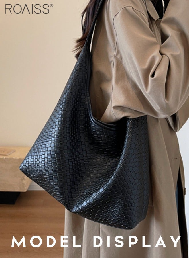 roaiss Women's PU Leather Woven Texture Tote Bag, Casual Versatile Retro Fashion Large Capacity Commuting Hobo, Inner Matte and Scratch Resistant Fashion Handbag, Black - Image 4