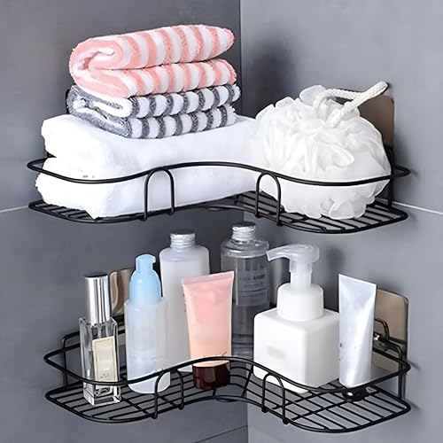 RAYMOX Wall Mounted Self-Adhesive Bathroom Corner Shelf/Kitchen Rack & Holder - Bathroom Accessories (Material-GI Metal, Powder Coated Finish, Black) - Image 1