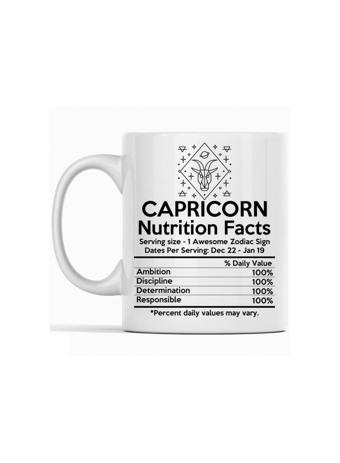 SHOP NEW ARRIVALS "Celebrating Capricorn's Determined Spirit: A Unique Nutrition Fact Mug Featuring Insights Tailored for the Ambitious and Disciplined Capricorn"