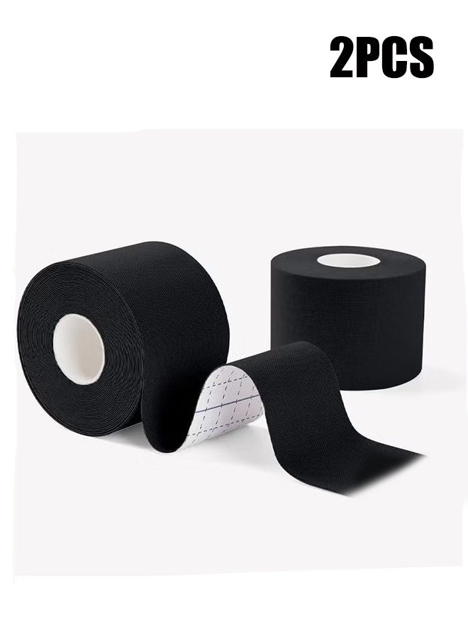 واي جيه شريط كينيولوجي مقاوم للماء وقابل للتنفس بقياس 2 رول، لتخفيف آلام العضلات حول الركبة، مناسب للتمارين الرياضية، الجري، التنس، السباحة، كرة القدم (أسود) - Image 1