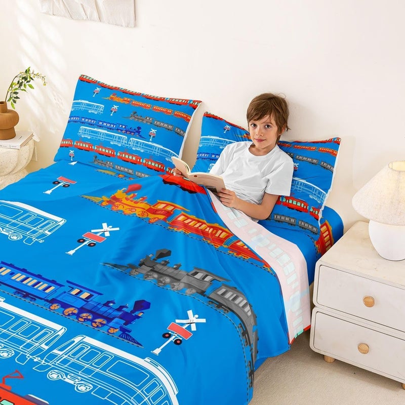 Feelyou Cartoon Car Sheet Set for Kids Boys Girls Vintage Car Sheets with Deep Pocket Fitted Sheet Train Bed Sheets Set Bedroom Decor Retro Steam Train Blue Light Sign Bedding Set Queen Size 4Pcs - Image 3