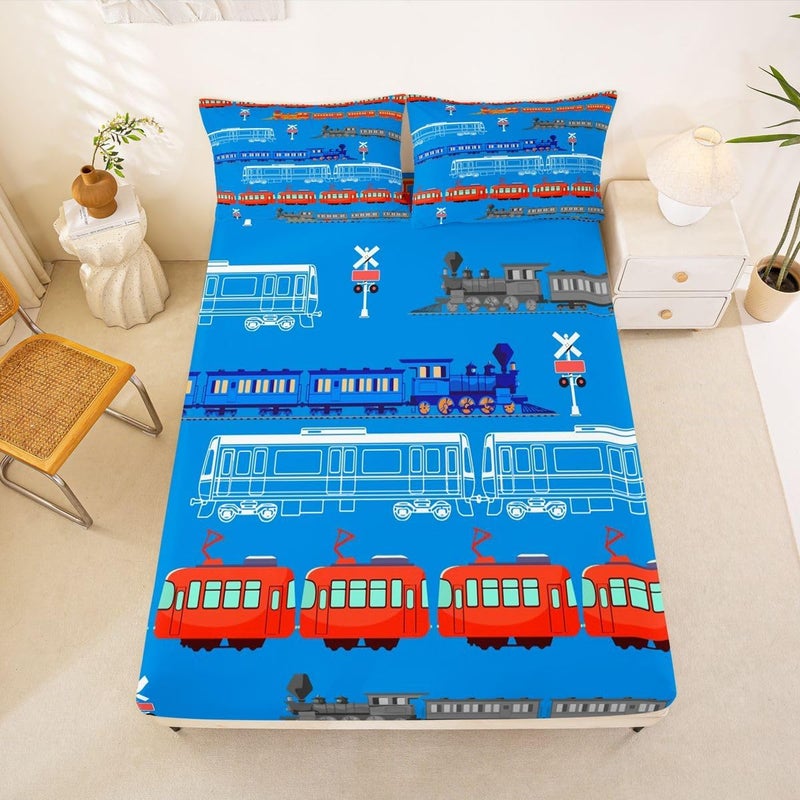 Feelyou Cartoon Car Sheet Set for Kids Boys Girls Vintage Car Sheets with Deep Pocket Fitted Sheet Train Bed Sheets Set Bedroom Decor Retro Steam Train Blue Light Sign Bedding Set Queen Size 4Pcs - Image 2