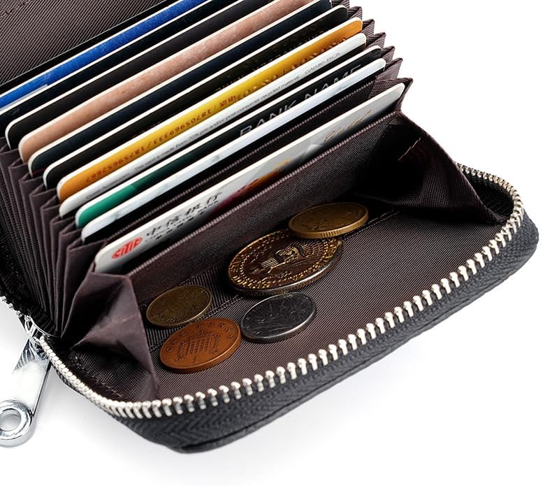 Linno RFID 20 Slots Credit Card Holder Genuine Leather Small Wallet for Women or Men with Zipper - Image 2