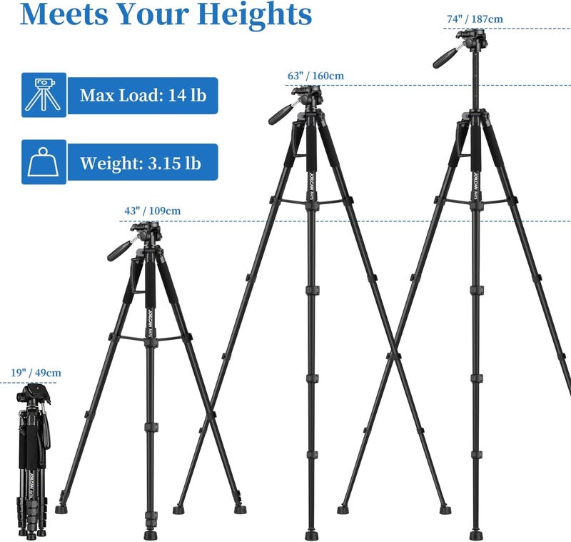 74" Lightweight DSLR Tripod with Detachable Head and Universal Phone Mount - Image 2