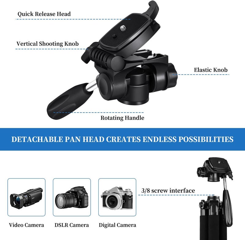 74" Lightweight DSLR Tripod with Detachable Head and Universal Phone Mount - Image 5