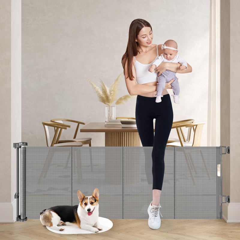 Bingguz Reinforced 24 Inch Tall Retractable Baby Gates Short Dog Gates to Step Over Expands 055 Inches Wide Mesh Pet Gate with Support Rods Small Puppy Gates for The House Gray 