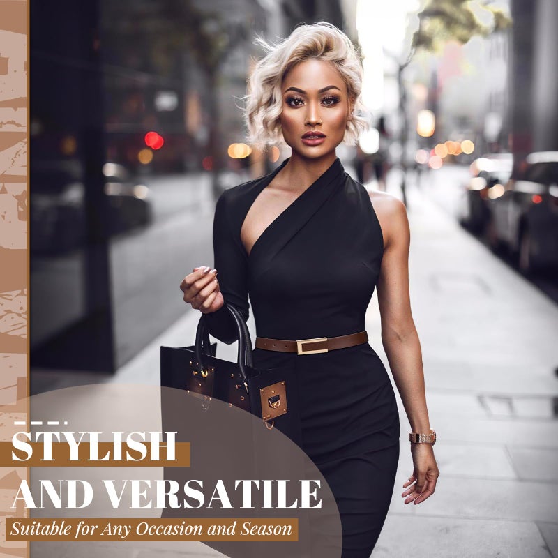 SANSTHS 2 Pack Skinny Leather Belts for Women, Ladies Thin Waist Belt for Dresses Jeans Pants with Gold Buckle, Black+Coffee, S - Image 2
