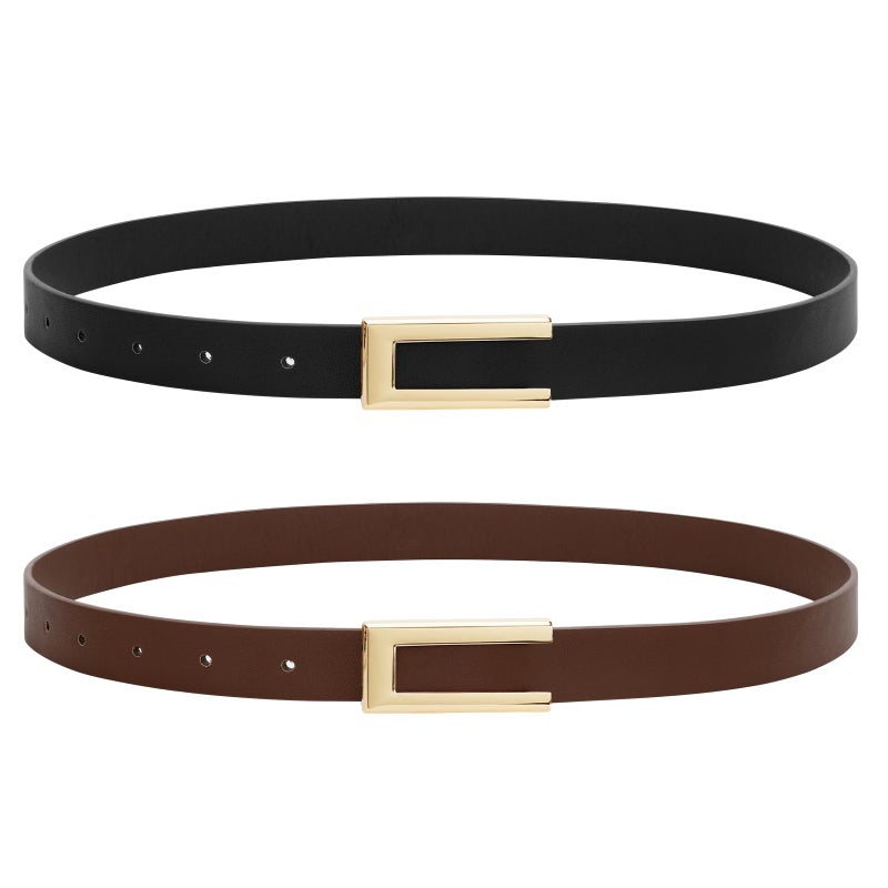 SANSTHS 2 Pack Skinny Leather Belts for Women, Ladies Thin Waist Belt for Dresses Jeans Pants with Gold Buckle, Black+Coffee, S - Image 1