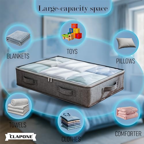 CLAPONE 2 Pack 90 L Underbed Storage Bag for Clothes Foldable Underbed Storage Bags Clothing Storage Organiser with Zipper Strong Handle Multipurpose Under Bed Storage for Paper, Blankets (Grey) - Image 3