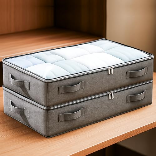 CLAPONE 2 Pack 90 L Underbed Storage Bag for Clothes Foldable Underbed Storage Bags Clothing Storage Organiser with Zipper Strong Handle Multipurpose Under Bed Storage for Paper, Blankets (Grey) - Image 1