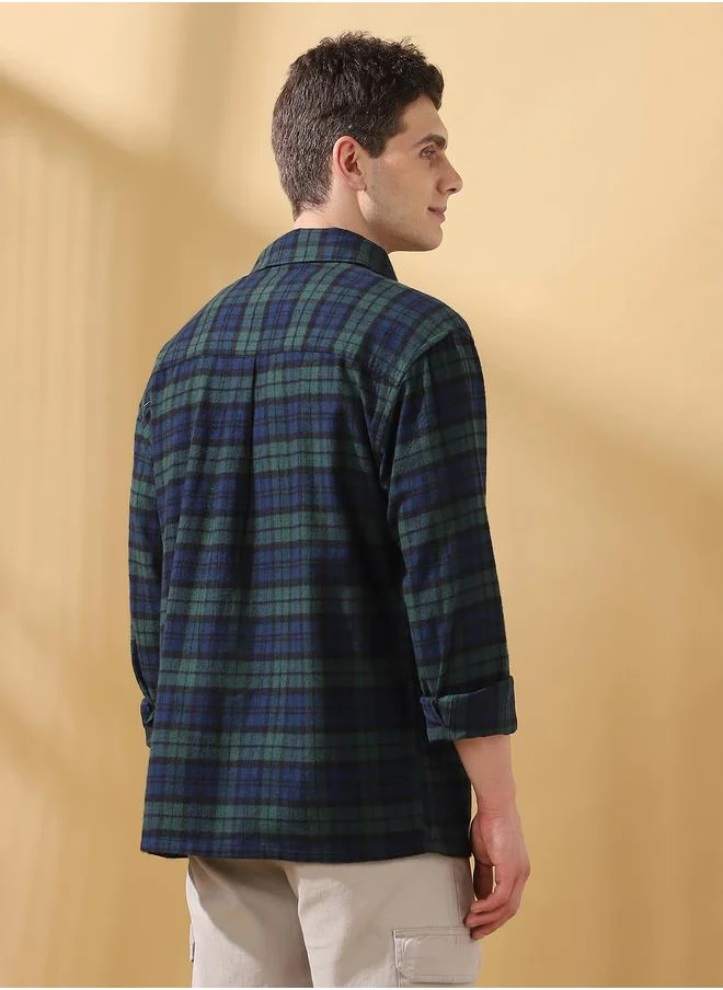 دينيس لينغو Relaxed Fit Checks Green Flannel Regular Length Full Sleeves Spread Collar Woven Weave Button Down for Men -designed to keep you ahead in style.