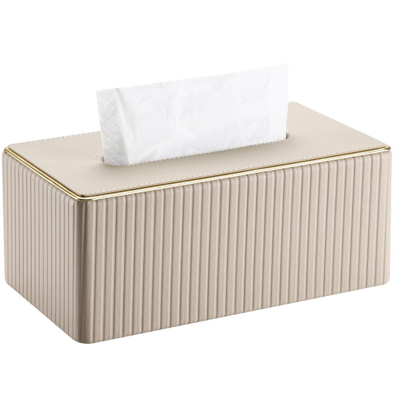 KINGFOM Rectangular Tissue Box Cover, PU Leather Tissue Box Holder with Magnetic Bottom, Napkin & Facial Tissue Holder Dispenser Decorative Box Cover for 120-count (3-Ply) 160-count (2-Ply) Beige - Image 1