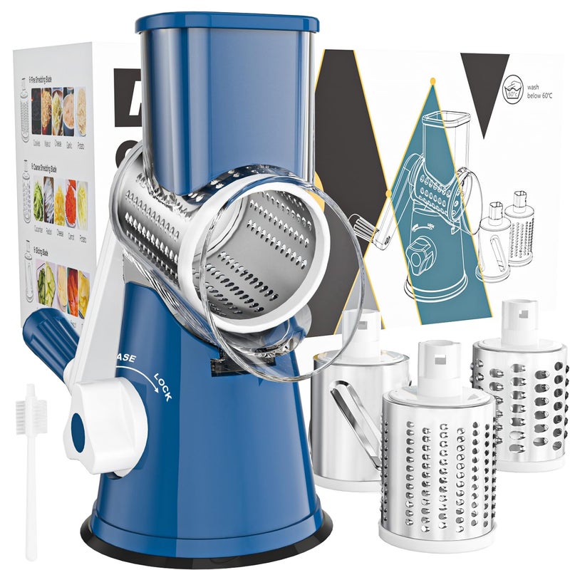 Cambom Rotary Cheese Grater Hand Crank Cheese Shredder for Fresh Cheese, Vegetable, Nuts,Non-slip Suction Base, Free Cleaning Brush Three Blades,Deep Blue - Image 1