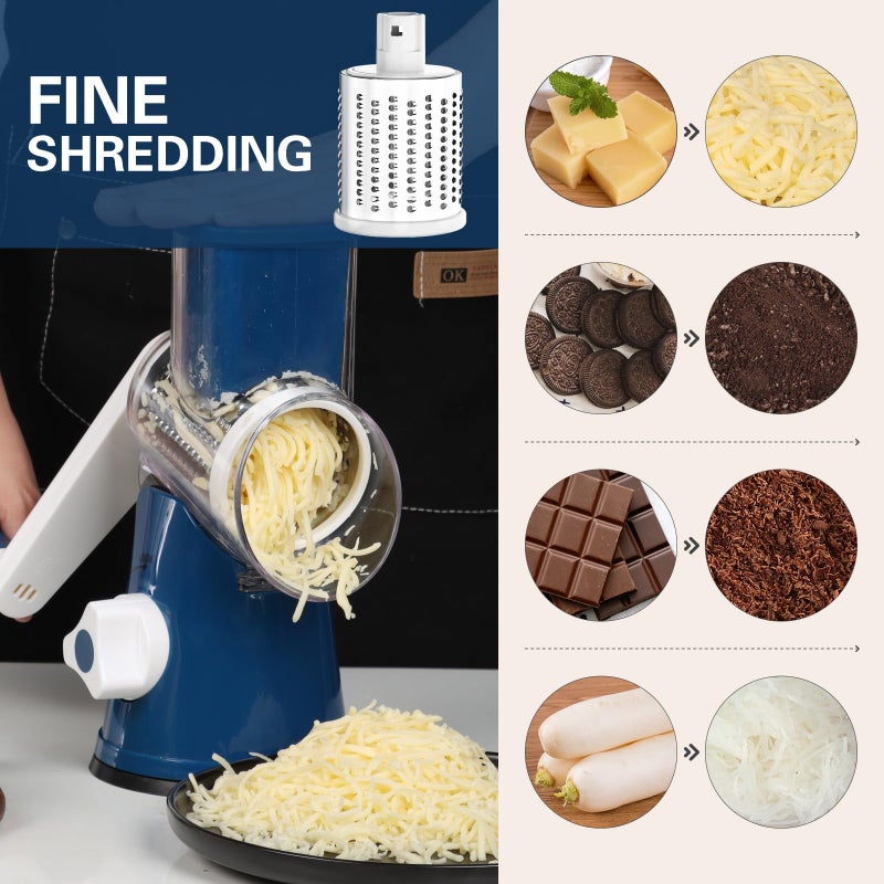 Cambom Rotary Cheese Grater Hand Crank Cheese Shredder for Fresh Cheese, Vegetable, Nuts,Non-slip Suction Base, Free Cleaning Brush Three Blades,Deep Blue - Image 4