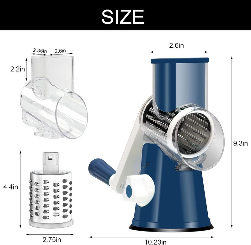 Cambom Rotary Cheese Grater Hand Crank Cheese Shredder for Fresh Cheese, Vegetable, Nuts,Non-slip Suction Base, Free Cleaning Brush Three Blades,Deep Blue - Image 5