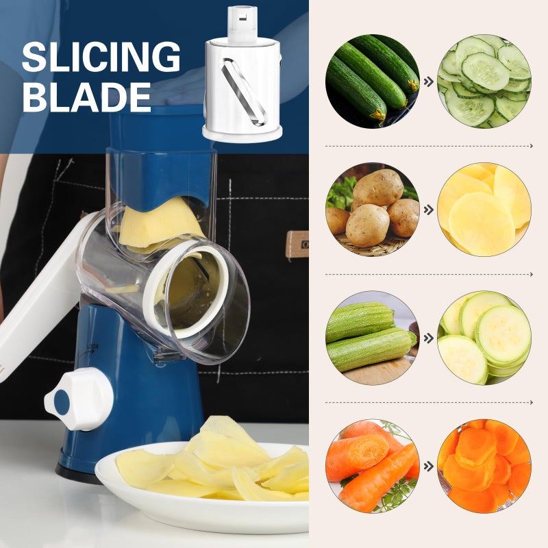 Cambom Rotary Cheese Grater Hand Crank Cheese Shredder for Fresh Cheese, Vegetable, Nuts,Non-slip Suction Base, Free Cleaning Brush Three Blades,Deep Blue - Image 3