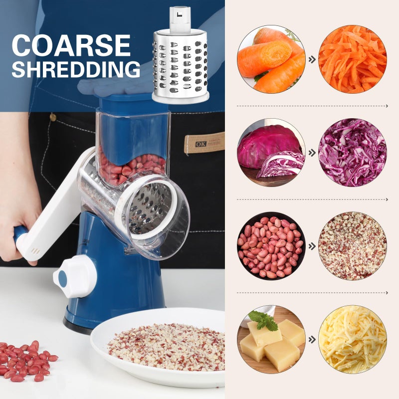 Cambom Rotary Cheese Grater Hand Crank Cheese Shredder for Fresh Cheese, Vegetable, Nuts,Non-slip Suction Base, Free Cleaning Brush Three Blades,Deep Blue - Image 2