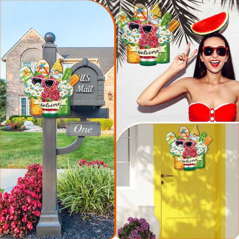 شلوي ترحيب علامة باب الصيف Summer Sclippers Wooden Farmhouse Home Sign Flowers Sign Sign - Image 4