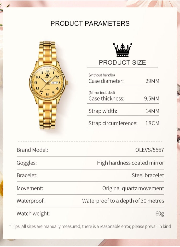 OLEVS - Watches for Women Stainless Steel Quartz Analog Water Resistant Watch Gold 5567 - Image 1