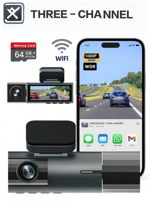 Dash Cam Front and Rear, 1080p Triple Car Camera with , 3 Channel Dash Camera for Cars, 64GB Card,G-Sensor, 3.16” IPS Screen, 170°Wide Angle, Loop Recording, IR Night Vision