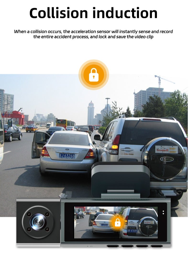 Dash Cam Front and Rear, 1080p Triple Car Camera with , 3 Channel Dash Camera for Cars, 64GB Card,G-Sensor, 3.16” IPS Screen, 170°Wide Angle, Loop Recording, IR Night Vision