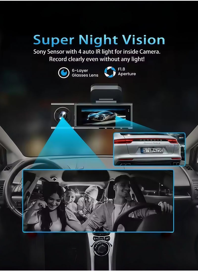 Dash Cam Front and Rear, 1080p Triple Car Camera with , 3 Channel Dash Camera for Cars, 64GB Card,G-Sensor, 3.16” IPS Screen, 170°Wide Angle, Loop Recording, IR Night Vision