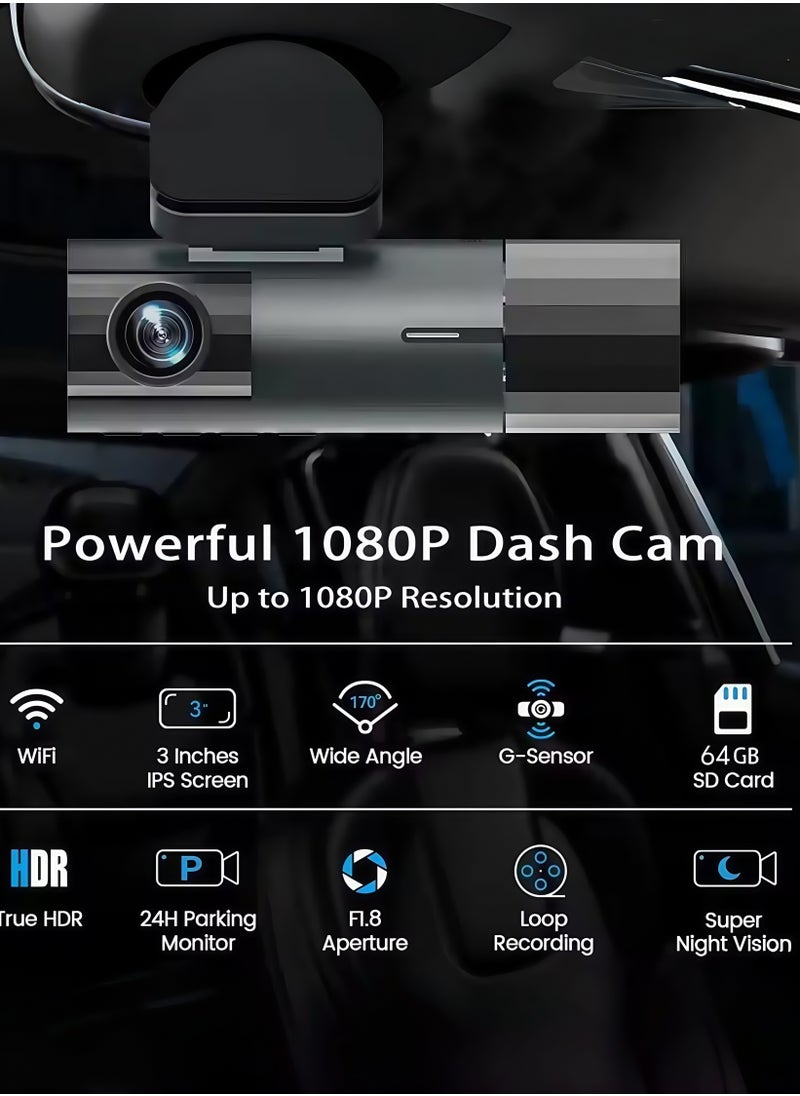 Dash Cam Front and Rear, 1080p Triple Car Camera with , 3 Channel Dash Camera for Cars, 64GB Card,G-Sensor, 3.16” IPS Screen, 170°Wide Angle, Loop Recording, IR Night Vision