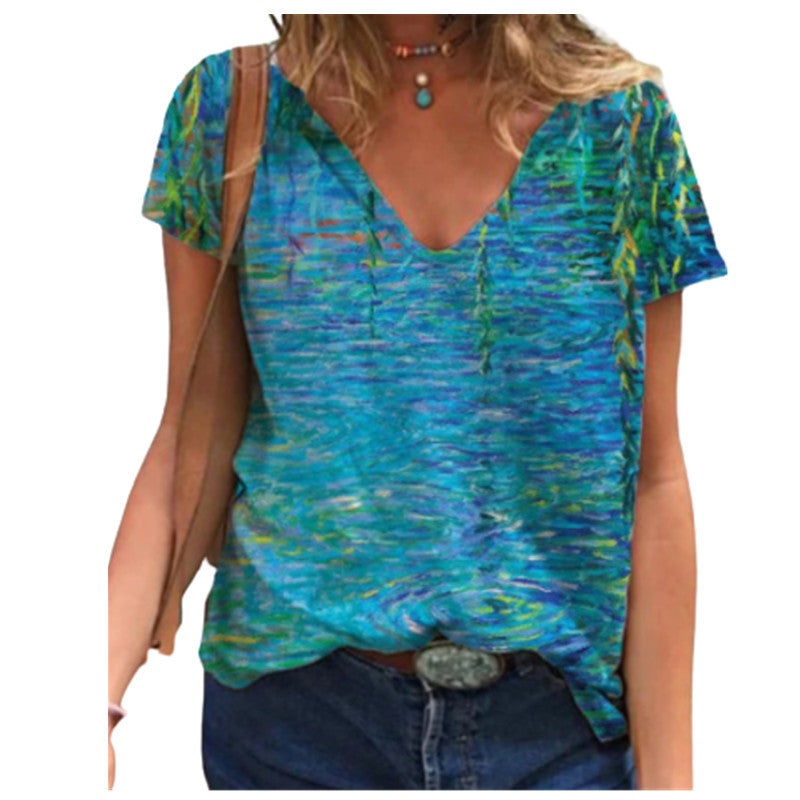 2021 Summer wish Butterfly Printed Short-sleeved V-neck Women's Loose T-shirt - Image 2