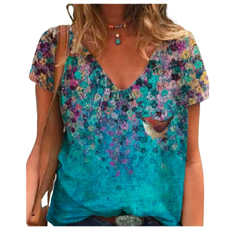 2021 Summer wish Butterfly Printed Short-sleeved V-neck Women's Loose T-shirt - Image 1