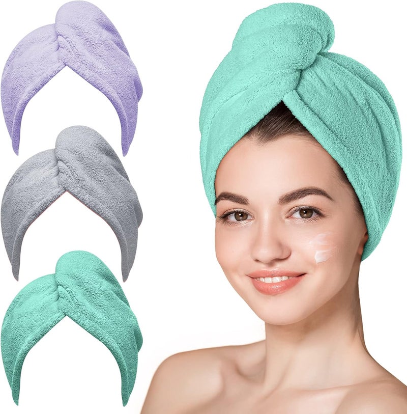 Hicober Microfiber Hair Towel, 3 Packs Hair Turbans for Wet Hair, Drying Hair Wrap Towels for Curly Hair Women Anti Frizz (Green,Purple,Grey) - Image 1