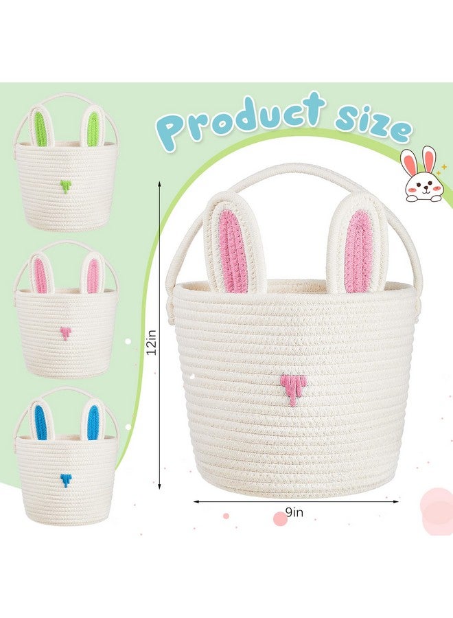 Eaasty 3 Pcs Easter Bunny Basket with Rabbit Ears Easter Egg Basket with Handle Woven Empty Easter Hunt Basket for Kids Toddler Baby Newborn Gifts Stuffer Candy Toy Storage Party Supplies, 12 x 9 Inch - Image 2