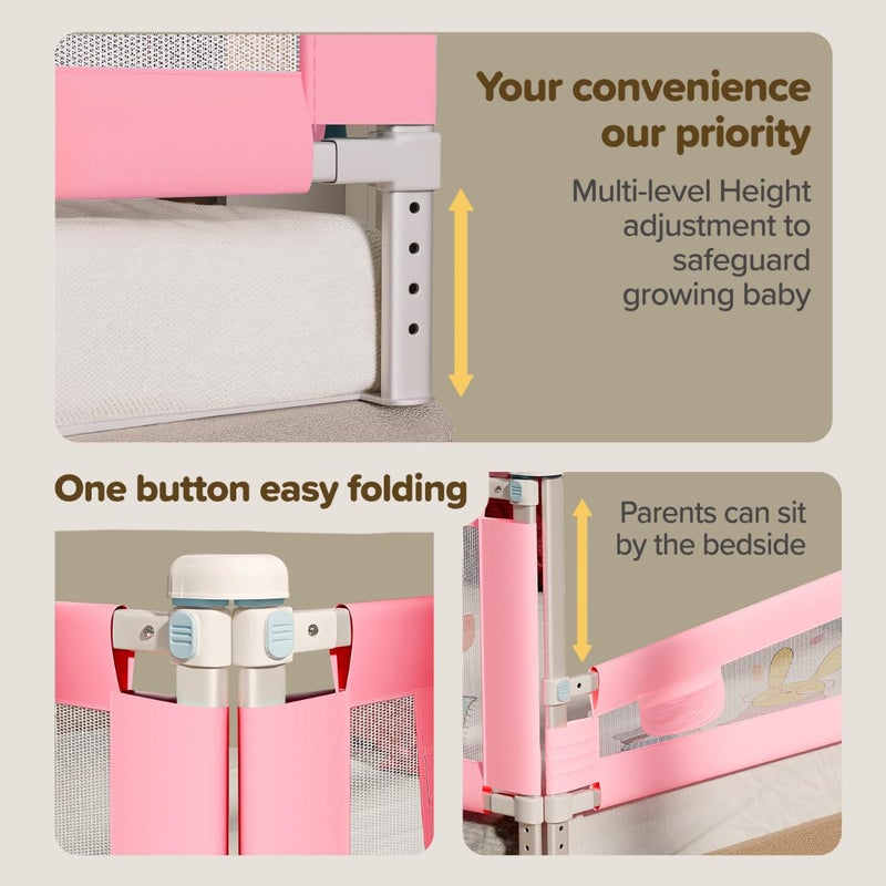 Luvlap Comfy Baby Bed Rail Guard (6 ft x 2.3 ft), 180cmx72cm, Bed Rails for Baby & Toddler Safety, Portable, Adjustable Height, Single Side Bed Rail, Pack of 1, Printed Pink New - Image 5