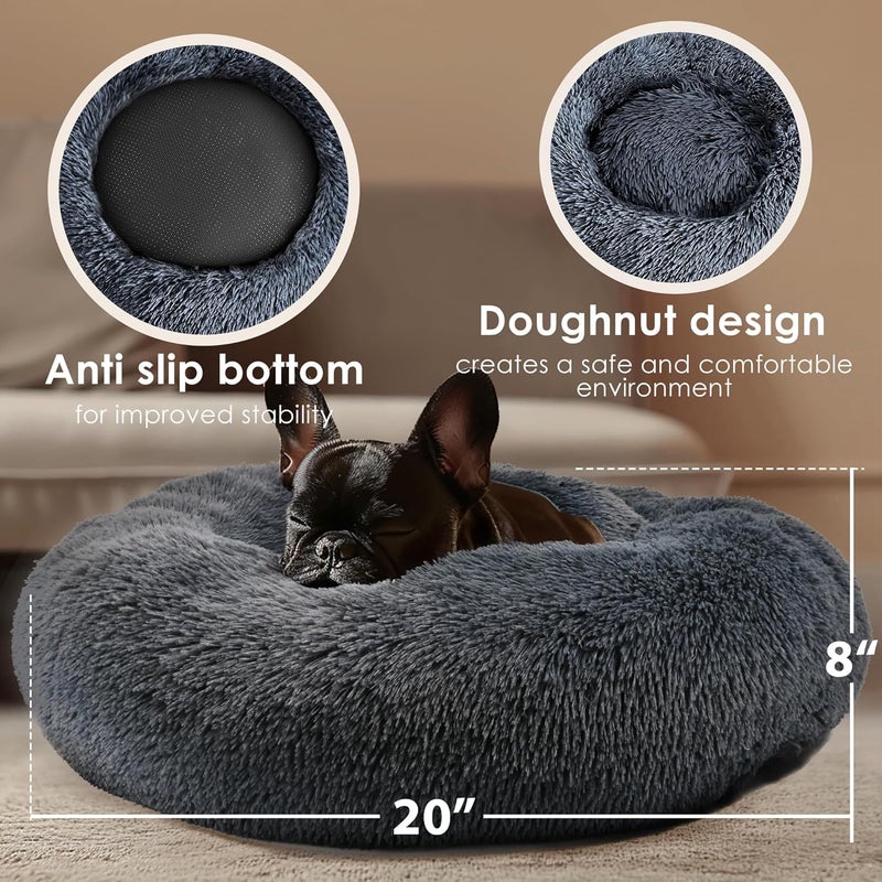 Hoewina Dog & Cat Bed, 20in Cat Beds for Indoor Cats, Calming Donut Bed for Puppy and Kitten, Washable Round Fluffy Pet Bed for Small Medium Dogs and Cats (Dark Grey) - Image 3