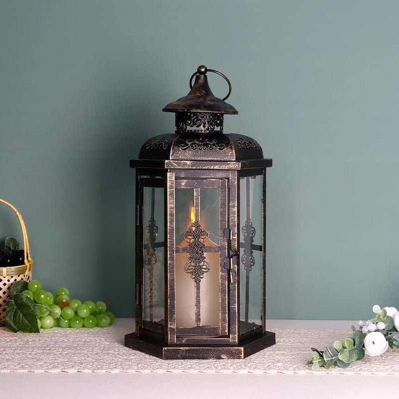 JHY DESIGN مصباح شموع تزييني من تصميم JHY، ارتفاعه 30 سم، بستيل عتيق، مع حامل شموع معدني، مناسب للأحداث الداخلية والخارجية، المناسبات الرسمية، وحفلات الزفاف (لون أسود مع طلاء ذهبي بفرشاة). - Image 4