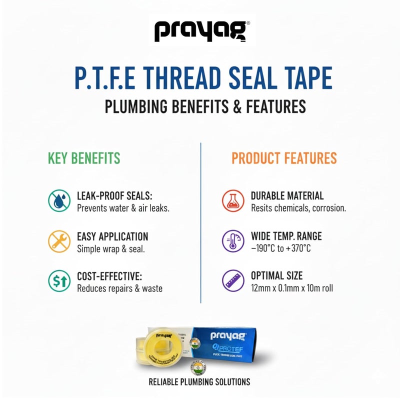 Prayag Teflon PTFE Thread Seal Tape for Plumbing Joints & Pipe Fittings | Durable, Leak-Proof, Long Lasting | 19mm x 0.1mm Thickness x 10m Length, Pack of 10 Rolls (Yellow) (TTS-02) - Image 5