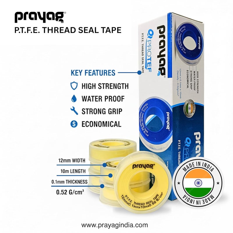 Prayag Teflon PTFE Thread Seal Tape for Plumbing Joints & Pipe Fittings | Durable, Leak-Proof, Long Lasting | 19mm x 0.1mm Thickness x 10m Length, Pack of 10 Rolls (Yellow) (TTS-02) - Image 3